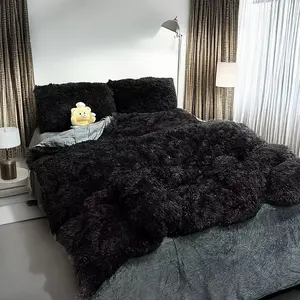 Soft puffy 4 - piece bed sheet – plush fuzzy blanket bed set (1 Fluffy Faux Fur Duvet Cover+ 1 Heat Pillow+ 2 Furry Pillow Shams),Ideal for Housewarming Presents
