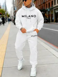 Men's Sportswear Set, Letter Print Hoodie & Sweatpants, Casual Fitted Design, Available in, Spring Fashion, Streetwear Tracksuit Set