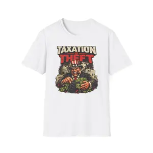 Men's Classic Casual Soft Short-Sleeve Cotton Print Round Neck Tee - "Taxation Is Theft" Graphic, Uncle Sam Money Grab Design, Capitol Illustration Menswear Top