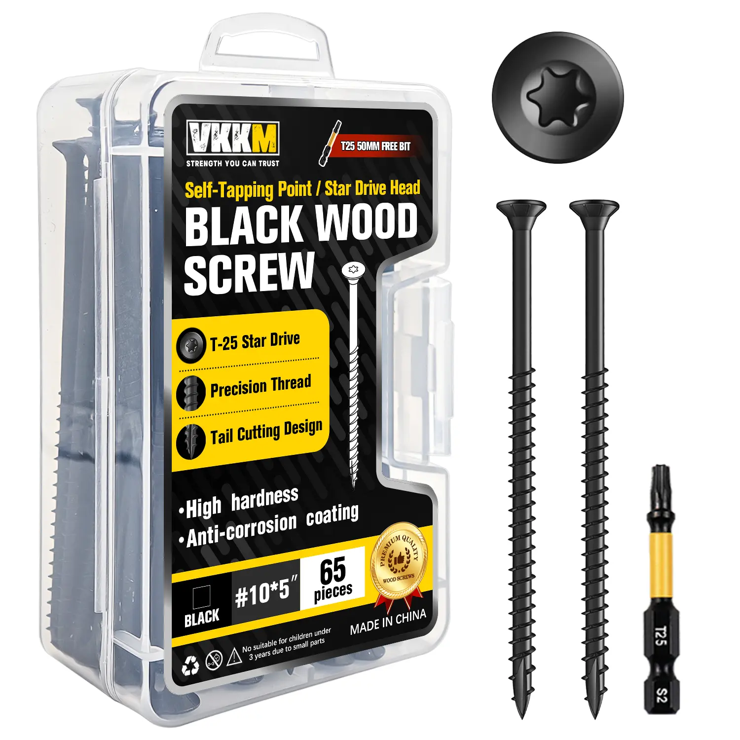 VKKM #10 Black Wood Screws Assortment Kit, 3 Sizes #10 x 2.5" #10 x 3" #10 x 5", T25 Star Drive Self-Tapping Anti-Rust Deck Screws with Free Bit for Fence Furniture Outdoor Woodworking