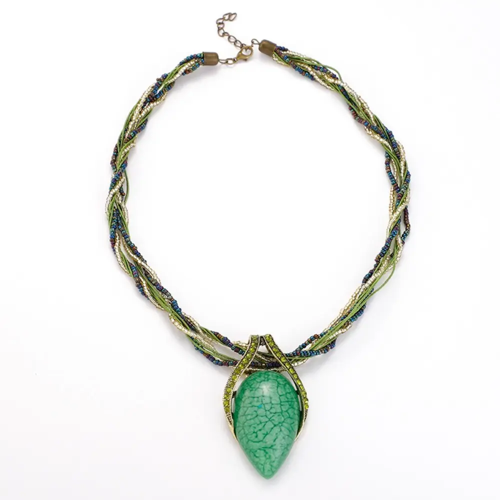 Boho Style Necklace for Women, Vintage Gemstone Water Drop Pendant Jewelry, Ethnic Beaded Chain Accessory, Elegant Fashion Statement, Statement Piece
