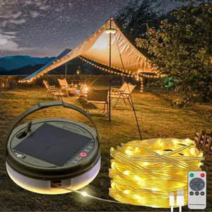 Solar Camping String Lights, 39.4 FT Fairy String Light, 4 in 1 Portable Waterproof Camp LED Lamp with 8 Lighting Modes, Hanging Rechargeable Tent Lantern for Outdoor Garden Patio Party Essentials for Gifts