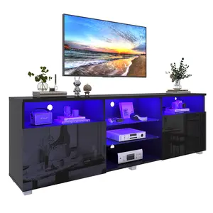 71 inch LED TV Stand for 75/80 inch TV, High Gloss TV Cabinet with Adjustable Storage Shelves, Modern LED Entertainment Center, TV Table Media Furniture for Living Room, White/Black
