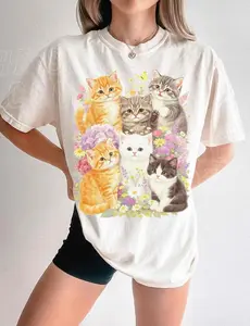Retro Kitten Shirt Vintage Floral Cat Tee Cottagecore Cat Lover Gift