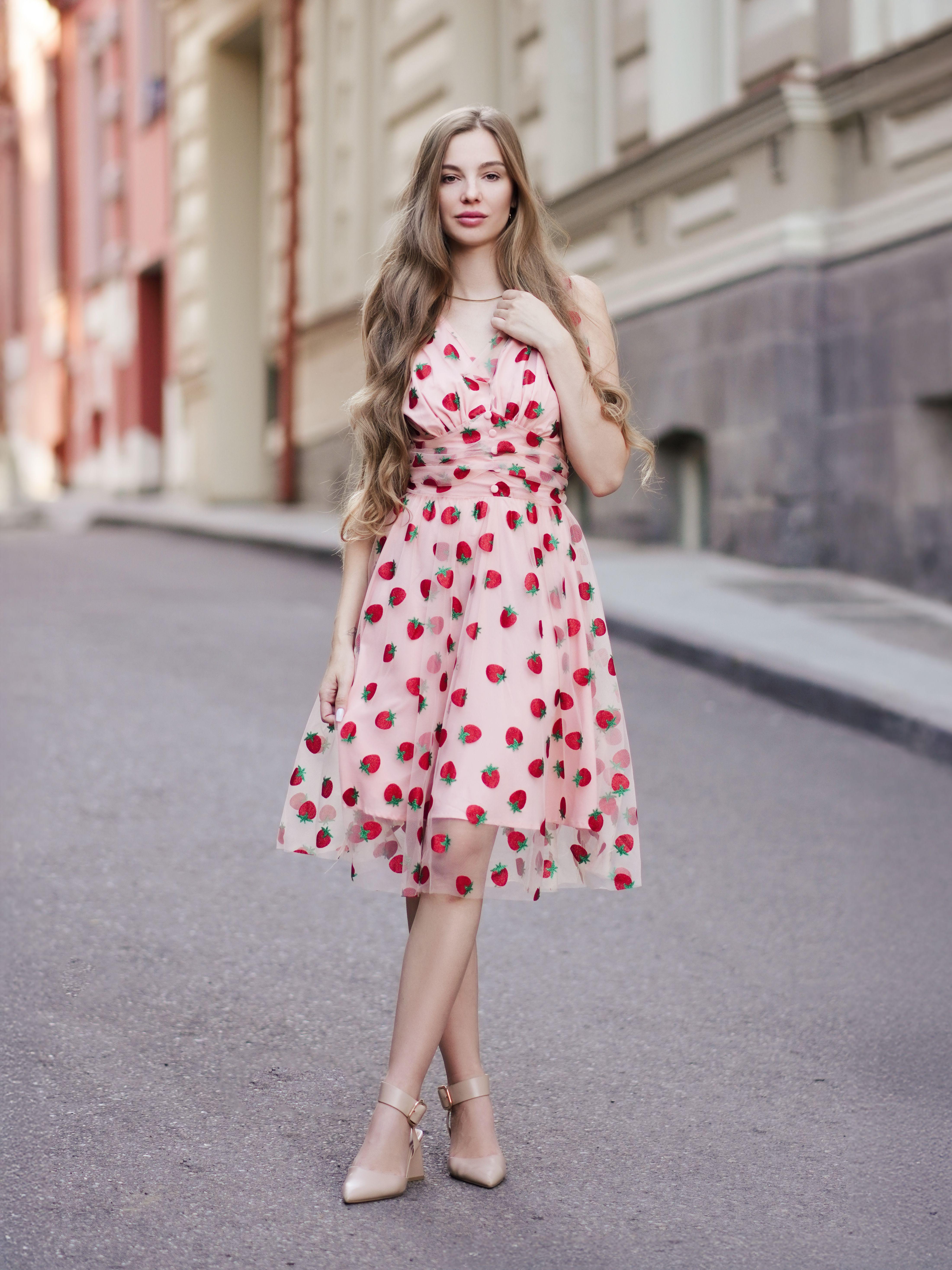 PINK 1950S STRAWBERRY MESH SWING DRESS Casual Elegant Classy Casual Breathable Outfits