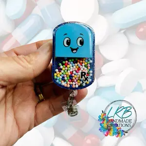 Happy Pill SHAKER Badge Reel | Cute Rx Prescription ID Holder | Acrylic Shaker with Beads | Funny Nurse Pharmacist Clip | Healthcare Badge Holder