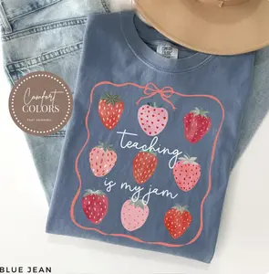 Comfort Colors Teaching Is My Jam Teacher Shirt, Cute Strawberry & Floral Graphic Tee, First Day Of School Tee, Educator Tee, Teacher Appreciation Gift