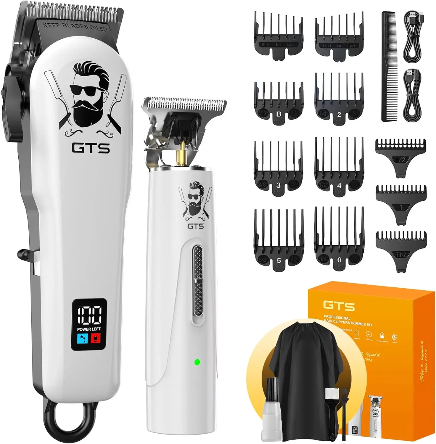 GTSPro Cordless Electric Hair Clippers for Men - Barber Clipper & Trimmer Set with Packaging, White Men's Gift