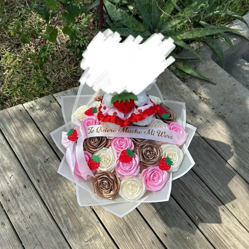 Kitty Eternal Rose Bouquet 24-100 Counts Available with Strawberry Decorations and Custom Message Featuring Adorable Kitty Design