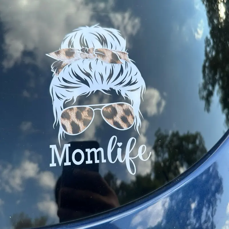 Mom Life Messy Bun Cheetah Print Car Decal - Permanent Vinyl T for Stylish Car Decor