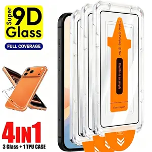 4-in-1 3pcs Ultra HD Screen Protector+1pcs Phone Case, Accessories, Compatible iPhone 17/17 Air/17 Pro/17 Pro Max/16/15/14/Plus/13/12/Mini/11/XS/X, One Click Dust-Free Installation, 9H Hardness, Sensitive Touch, Anti-Shatter, Anti-Scratches, Bubble-Free
