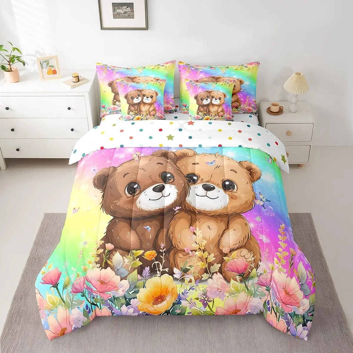 Bear 7 Pieces Bedding Set,Cute Bear Bed in A Bag Cartoon Bear Comforter Set with Sheets Bear Animal Bed Set 7Pcs