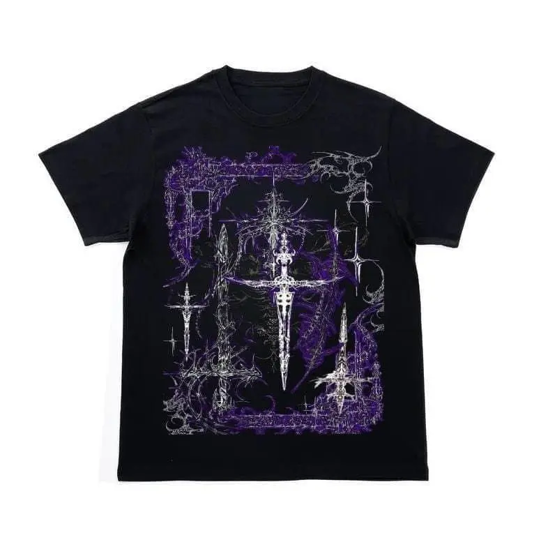Dagger Gothic Purple Tee - Y2K Cyber Print Shirt