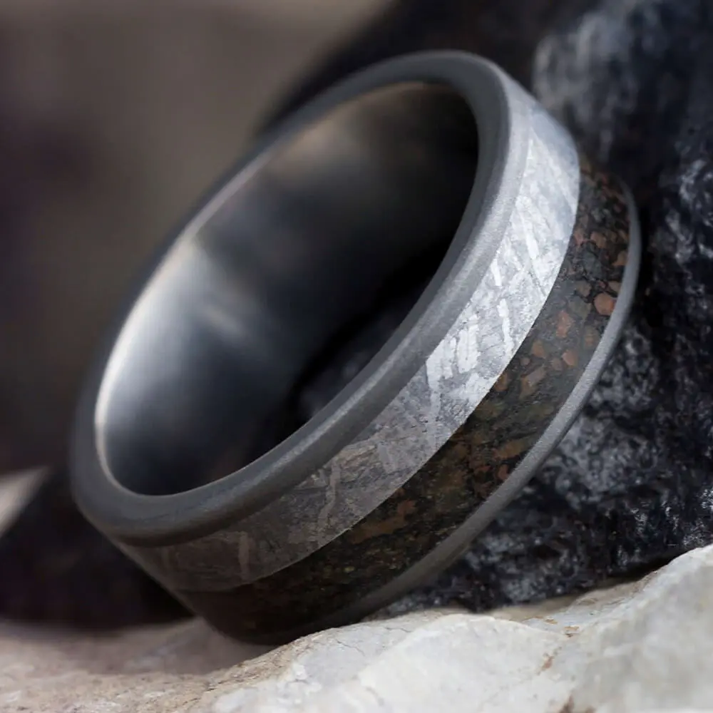 Meteorite Dinosaur Ring With Sandblasted Titanium Edges