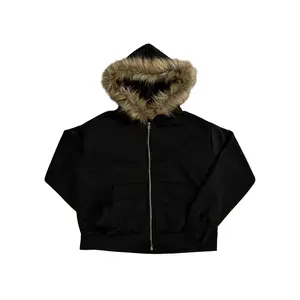 Y2K Retro Hoodie for Women - Gothic Streetwear Pullover with Faux Fur Trim, Oversized Casual Sweatshirt, Solid Color Black, All-Season Comfort, Zip-Up Design, Vintage Style, Comfortable Clothing