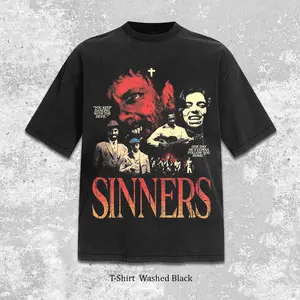 Sinners Graphic T-Shirt, Vintage Washed Black Horror Merch Tee, Gothic Devil Cross Quote Top, Retro Bootleg Country Western Music Guitar Band Aesthetic Oversized Shirt, Dark Red Distressed Streetwear Clothing, Gift for Fan Cotton Womenswear