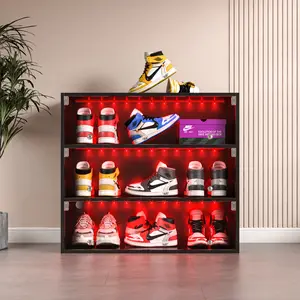 Black LED Light Shoe Display Cabinet with Glass Doors, 3-Tier Sneaker Storage Box, Wooden Freestanding Shoe Organizer