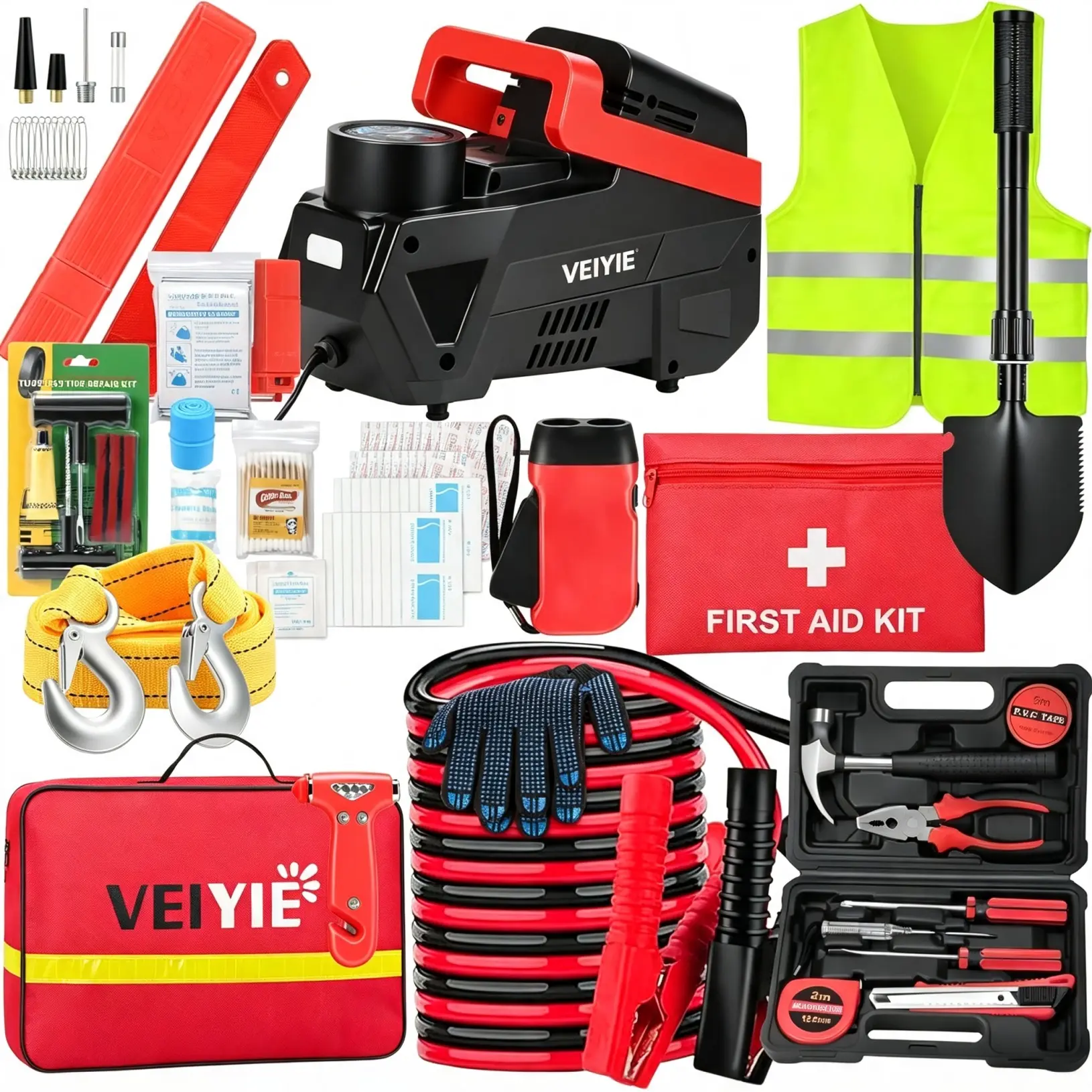 【TikTokShop Back To School】12PCS Car Roadside Emergency Kit | Portable Car Safety Kit with Air Compressor, Jumper Cables & Tow Strap, Must-Have Road Trip Essentials for Men & Women, Summer Travel Vibes