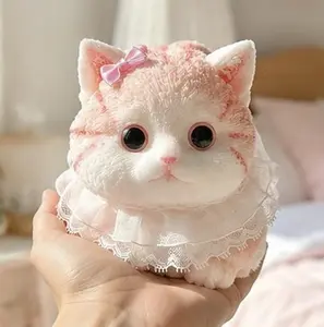 Lifelike Fluffy Pink Cat Squishy Toy, Ultra-Soft Fuzzy Squeeze Fidget, Cute Chubby Kitten with Delicate Lace Ruffle & Tiny Pink Bow, Slow-Rising Rebound Sensory Toy, Stress-Relief Desk Companion with Pastel Pet Aesthetic