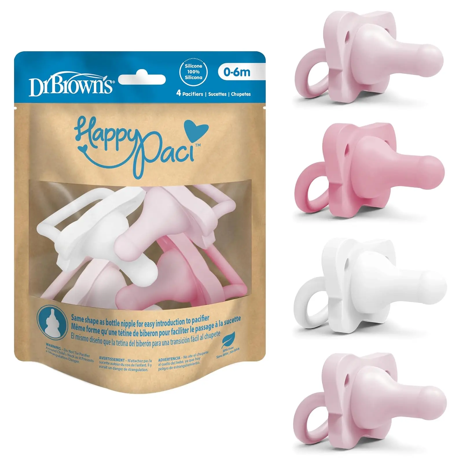 HappyPaci 100% Silicone Baby Pacifier, Contoured One-Piece Design, Light Pink/Pink/White, 0-6m, BPA-Free, 4-Pack