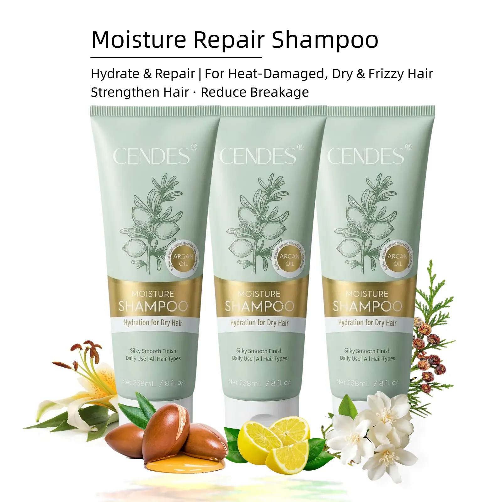 CENDES Organic Moroccan Argan Oil Moisture Repair Haircare Shampoo - Gentle Hydrating Cleanser & Moisturizer for Heat-Styling Damage, Dry Frizzy Hair, Strengthens, Reduces Breakage, Plant-Powered, 8fl.oz., Liquid, Anti-Frizz