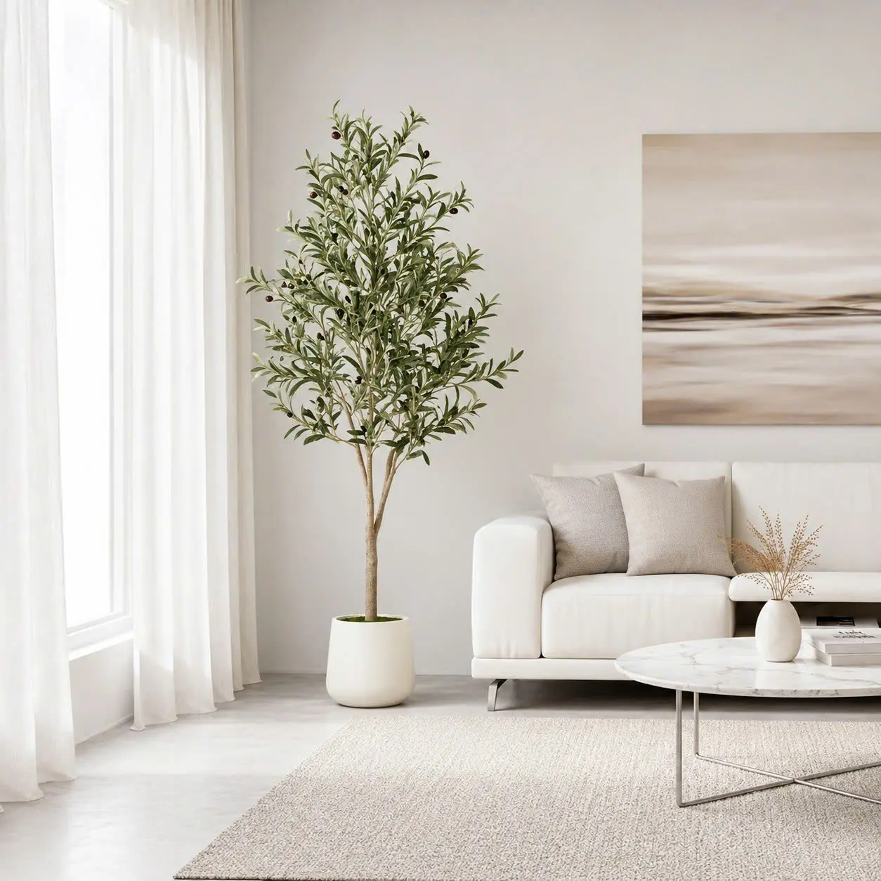 5/6/7FT Artificial Olive Tree Tall Faux Potted Plant with Natural Wood Trunk Lifelike Fruit Faux Tree for Home Office Decor