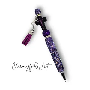 CharminglyResilient Purple Rhinestone Jesus Pen with Purple Tassel with refills