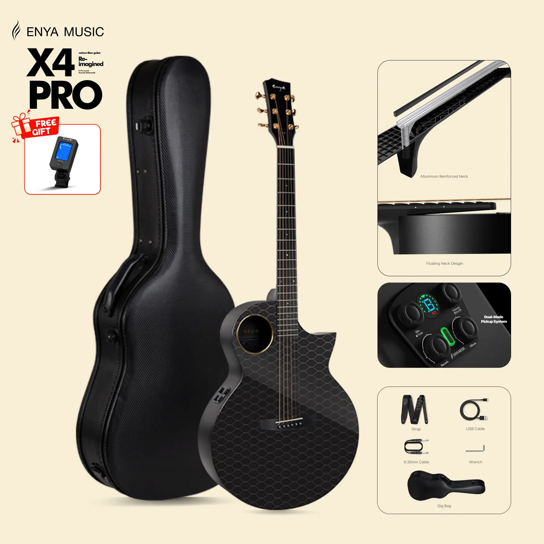 【Music, Evolved.】Enya X4 PRO Acoustic Electric Guitar 41-Inch Full Size Carbon Fiber Cutaway Design, AcousticPlus Pickup System with Built-in Effects & Tuner, Includes Deluxe Hard Case, Leather Strap, Cable  Christmas Gift, TikTokShopHolidayHaul