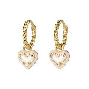 Aurem 14K Gold Plated Twisted Rope Huggie Earrings for Women, Heart Shaped Natural Mother of Pearl Dangle Earrings, Coquette Aesthetic Jewelry