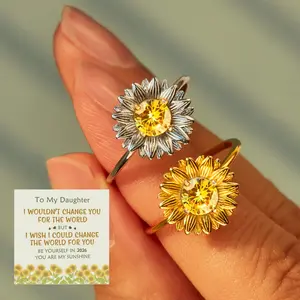 UFS 18k Gold Fidget Ring for Daughter,Adjustable April Birth Flower Ring Jewelry Gift,You are My Sunshine Ring