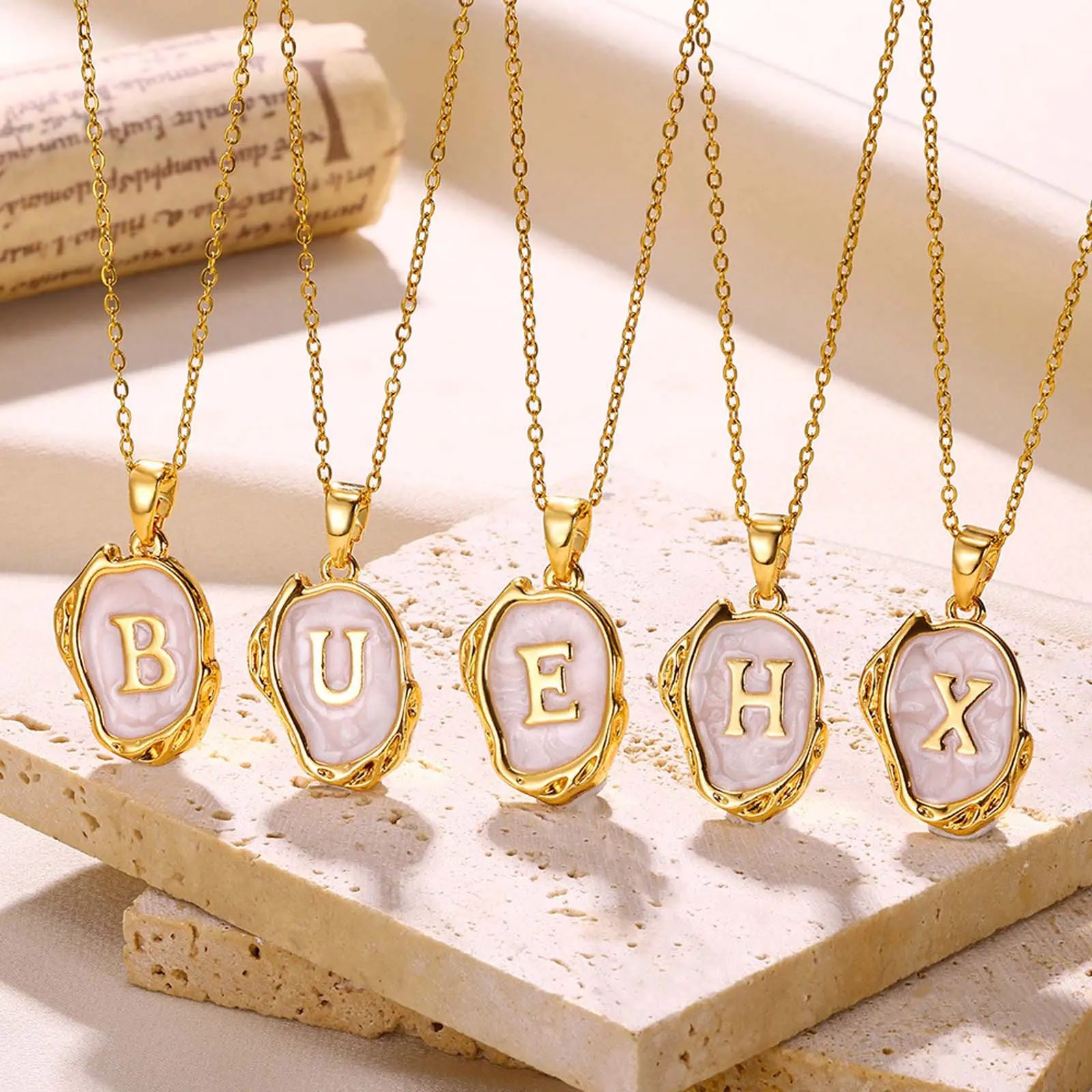 Pink oil drop golden frame 26 English letters necklace 17.71in daily wear female jewelry