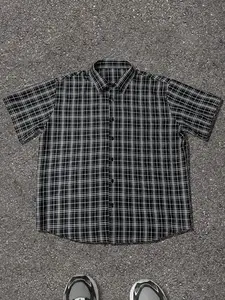 Plaid Loose Short Sleeve Shirt, American Vintage Classic Casual Versatile Half Sleeve Blouse, Men's Fashion Top