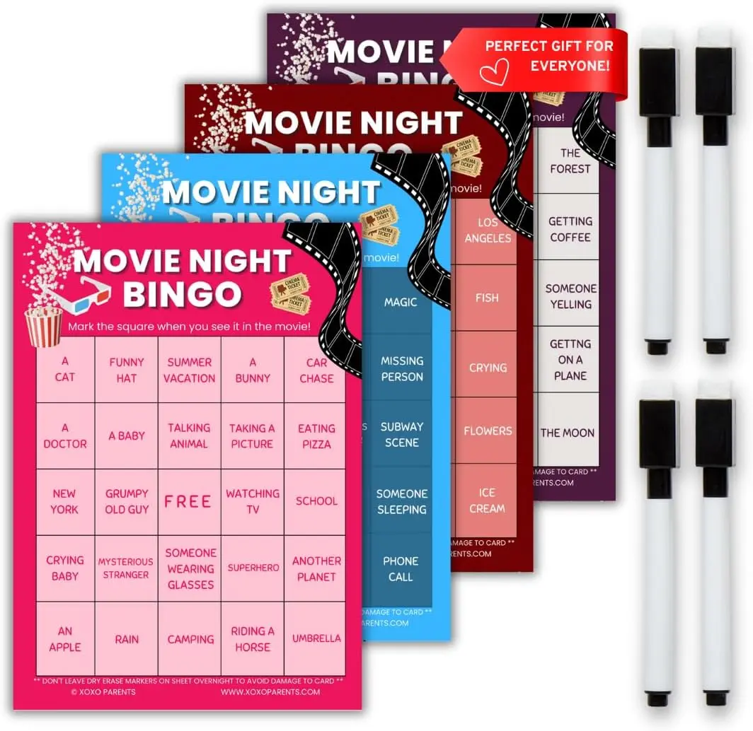 XOXO Parents Action Movie Night Bingo Cards | 4 Reusable Cards with Dry-Erase Markers | Movie Night Game for Kids & Adults, Fun Game Night & Guys Night Game, Blockbuster Movie Lover Gift