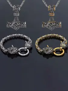 4pc Vintage Hammer Necklace and Wolf Head Bracelet Set, Punk Style Jewelry, Gothic Pendant Necklace, Party Accessories, Gift Ideas