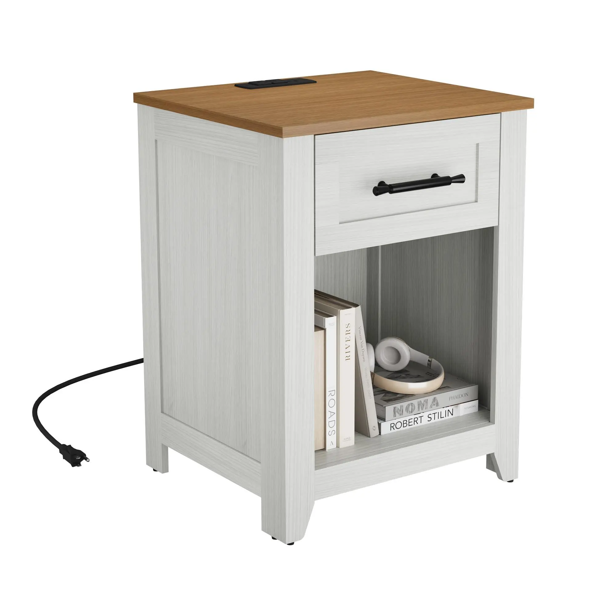 Farmhouse Nightstand with 1 Drawer and Open Compartment, Side Table with Charging Station, End Table with Storage Shelf for Bedroom, Living Room, Color-Blocking, 1PCS