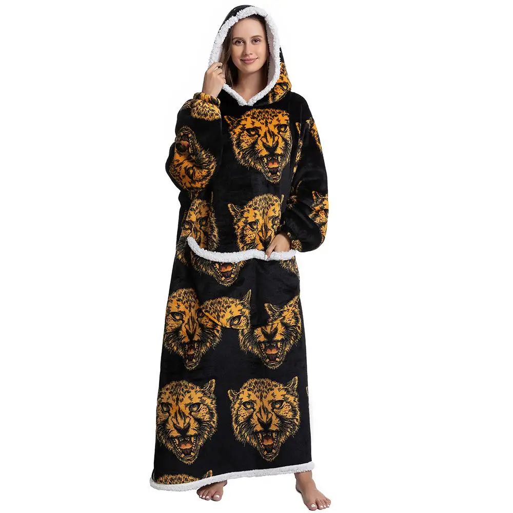 Cute Alpaca/Penguin Print Hoodie Blanket, 320GSM Oversized Wearable Hooded Sweatshirt Pullover, Breathable Nightgown with Big Pocket, Unisex Fit Plush
