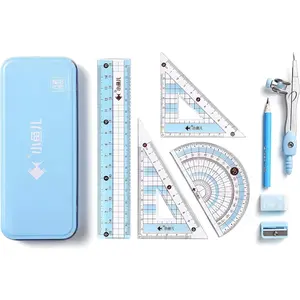 8 Pieces Math Geometry Kit Student Supplies with Shatterproof Iron Box for School, Includes Ruler, Protractor, Compass, Pencil, Pencil Sharpener and Eraser etc