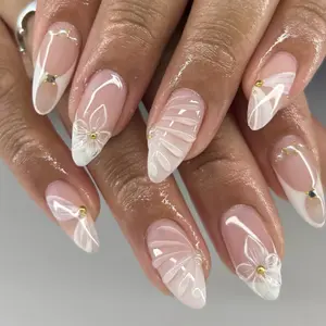 24 Pcs 3D Floral Wearable False Nails, Wedding Nails, French Almond Shape Detachable Half-Handmade Nails, Includes Nail File & Jelly Glue