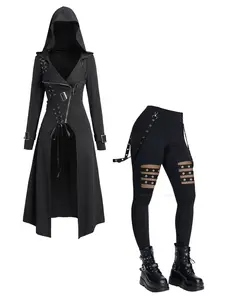 DRESSLILY 2025 Gothic Matching Set Women Outfit Lace Up Zip Hooded Coat and  Hollow Out Solid Color Grommet Chain Embellishment Pants Outfits