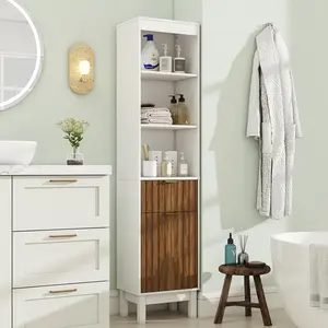 68" Tall Bathroom Storage Cabinet - Narrow Fluted Tower Cabinet with Adjustable Shelf and Drawer, Slim Freestanding Furniture