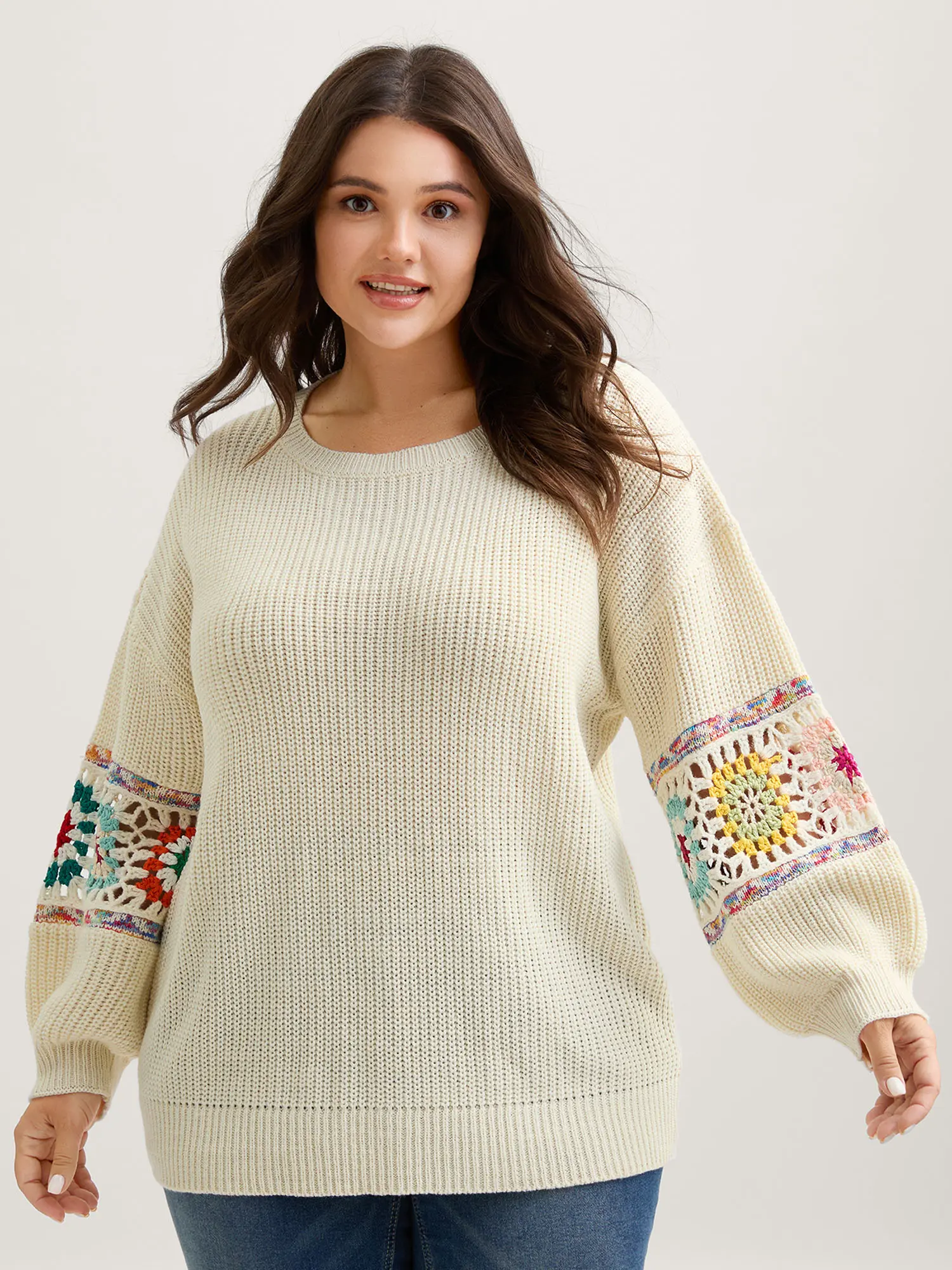 BloomChic Women's Ivory Crew Neck Long Sleeve Crochet-Knitted Pullover - Flared Lantern Statement Sleeves, Crochet Floral Detailing, Lace Trim, Loose-Fitting, Milky-Toned, Warmer, Casual Women's Knitwear for Winter, Crochet-Knitted Women's Pullovers,summe