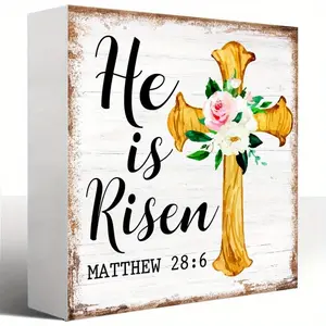 Easter Religious Desk Decor, Matthew 28:6 Wood Sign, He is Risen Cross Sign Easter Christian Wooden Block Plaque Box Sign Table Shelf Decoration for Home Office 5x5 inch