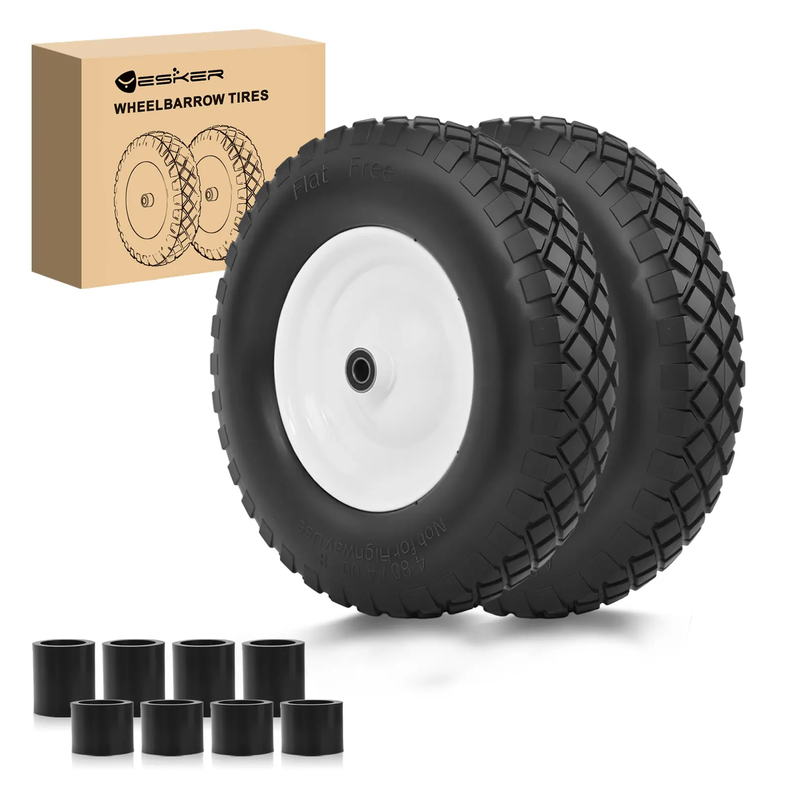 Yesker 4.80/4.00-8" Flat Free Tires and Wheels Replacement, 16" Solid PU Tire with 5/8" Axle Bore Bearing for Wheelbarrow, Gorilla Cart, Hand Truck, Utility Cart, 2 Pack fathersdaygift, Fathersday, Dump Cart