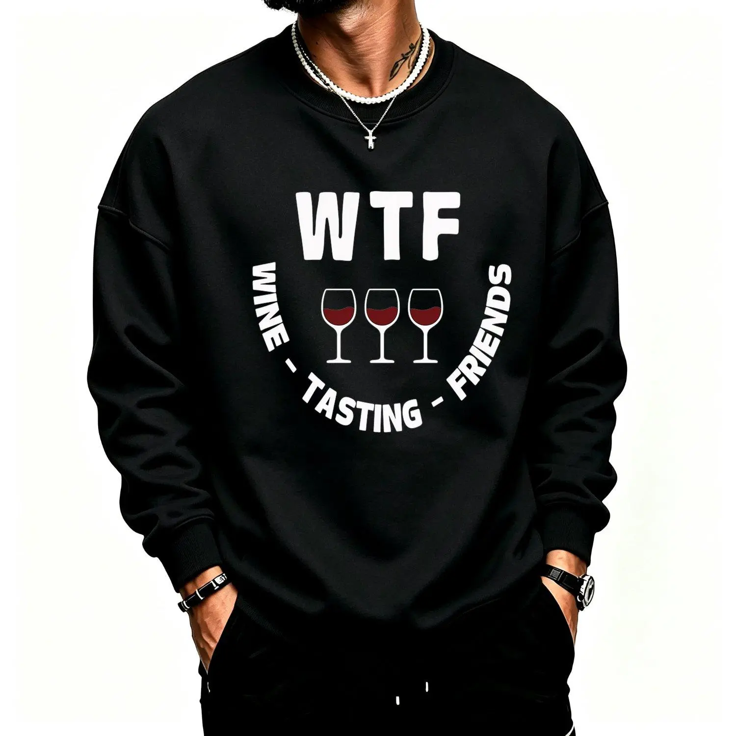 Men Sports Sweatshirt WTF Wine Tasting Friends Funny Long Sleeve Crewneck Graphic Pullover Top Drinking Casual Athletic Apparel Relaxed Fit