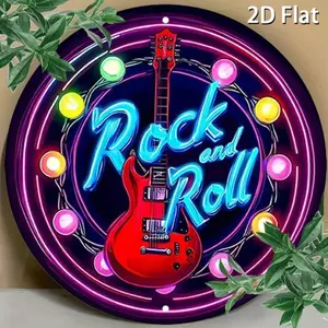 1pc Aluminum Round Neon Light Up Electric Guitar Wall Art with 2D LED Rock and Roll Decor Vibrant Glow for Bedroom Bar Game Room