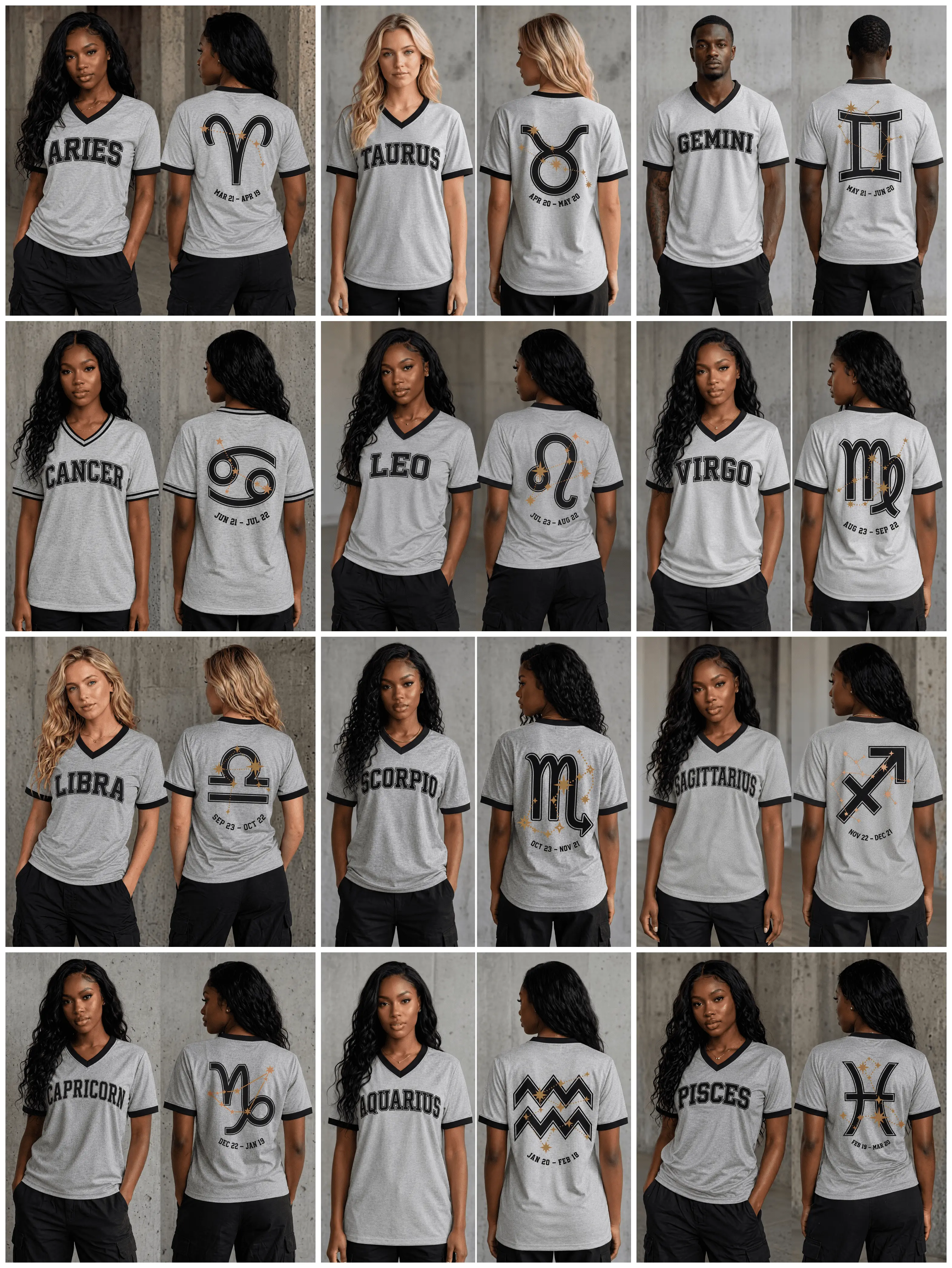 Women's Heather Grey Unisex V-Neck Shortsleeve Zodiac Soccer Jersey Tee - Smooth, Athletic, Flat, Casual Streetwear Vintage Varsity Top with Black Graphic Gold Constellation Print, 12 Star Sign Astrology Gift, Ribbed