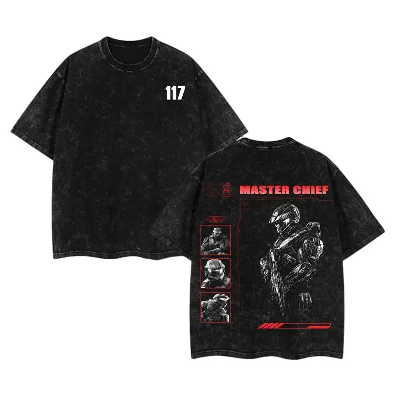 Master Chief Halo Acid Washed Shirt Double Print Game Graphic Tee Oversize Heavy Cotton Retro Streetwear Menswear Top Oversized Unisex