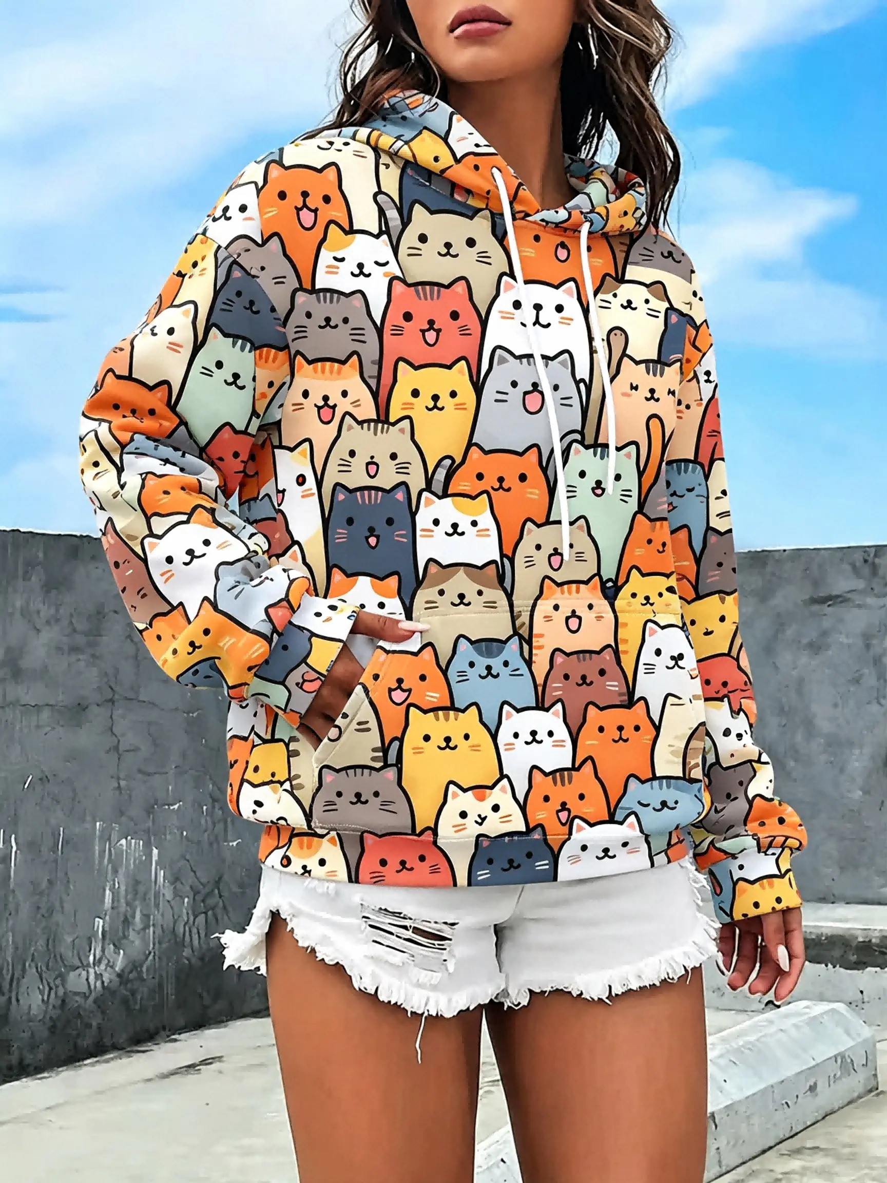 Plus Size Women’s All-Over Print Hooded Sweatshirt, Cartoon Animal & Floral Pattern Pullover Hoodie, Loose Long Sleeve Casual Streetwear Top with Pocket