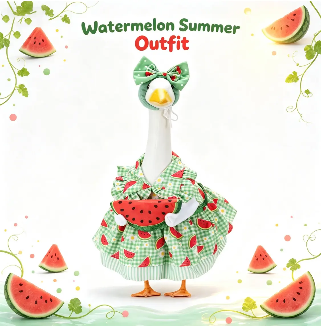 DIY Felt Craft 23-Inch Cement Plastic Lawn Goose Statue Outfit - Lightweight Hand-Made Summer Green Gingham Watermelon Print Dress, Big Bow Headband, Plush Prop - Gift, Photo Ornament for Patio Party Decor (Goose Statue Not Included), Daisy, Polyester