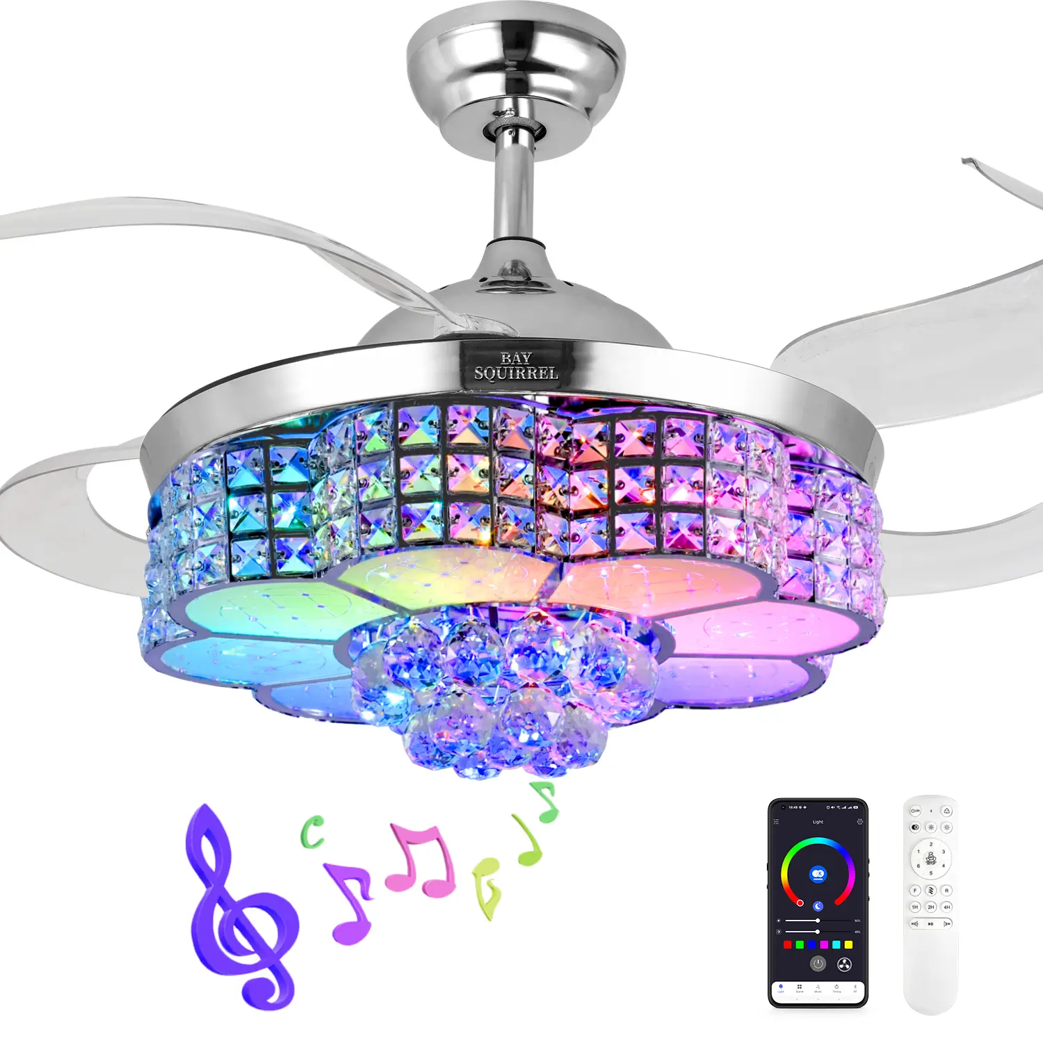 BAYSQUIRREL Retractable Crystal Ceiling Fan with Speaker, Remote/APP Control, 6-Speed Reversible RGB LED Lights, Adjustable LEDs, Color-Changing Nightlight, Cool Room Decor for Home (Bedroom, Living Room) Ideal Gift for Friends, Family